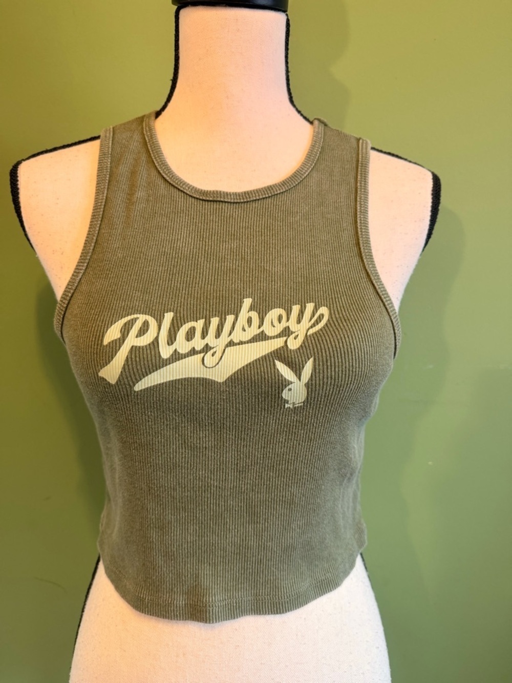 PLAYBOY Olive Ribbed Logo Crop Tank